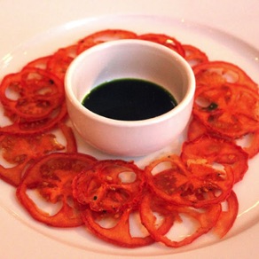 Tomato crisps and basil oil